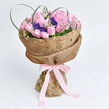 Thirty Pink Tulips, Abundant Beauty, Light Pink Tulip Flowers, White Wax, Purple Statice